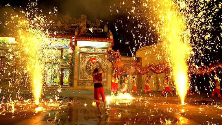 Dragon Dance and Fireworks at a Chinese Festival